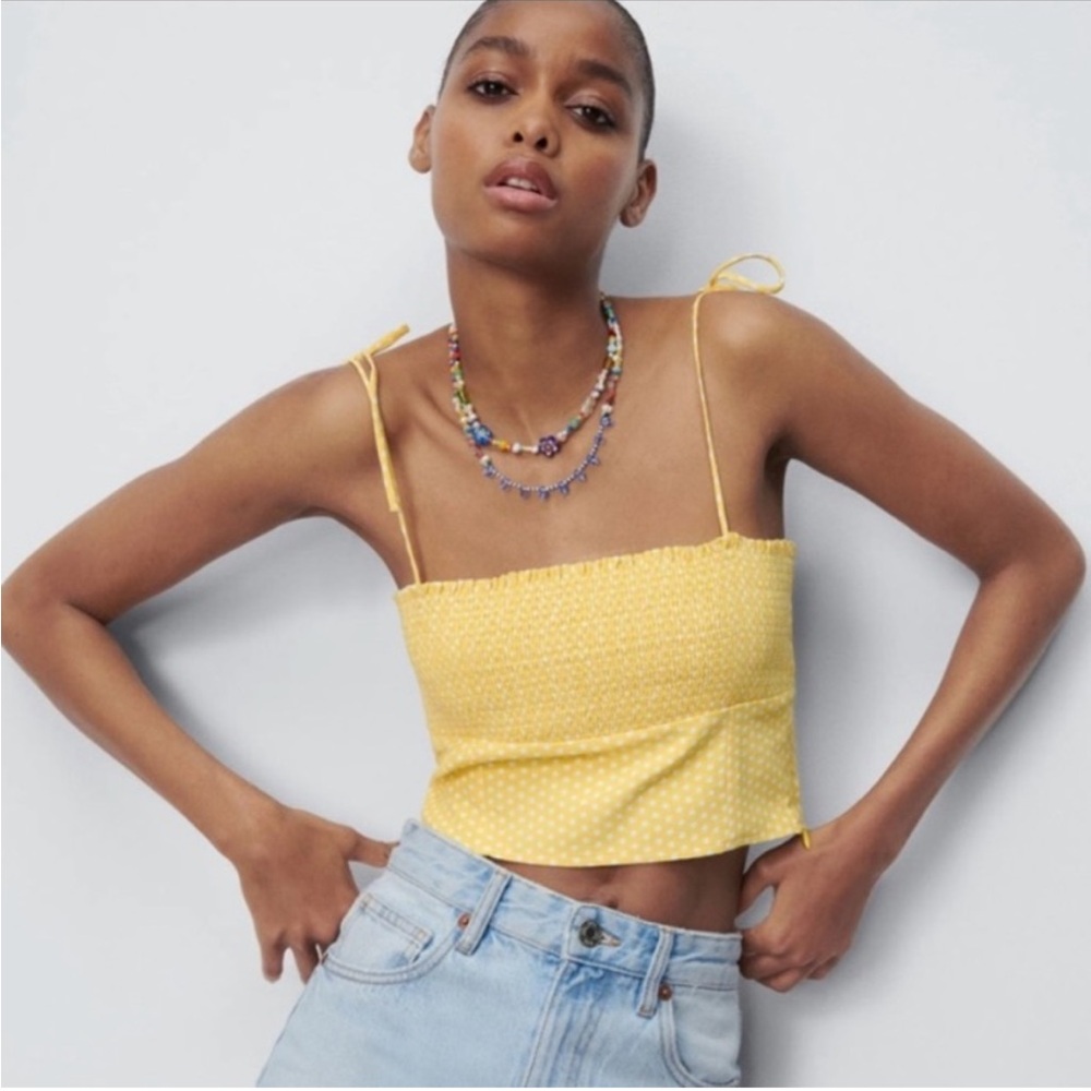 NWT Zara Polka Dot Crop Peplum Tube Top Yellow and White Size Extra Small